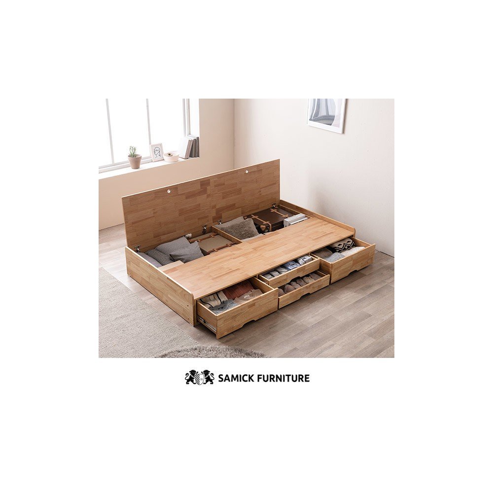 (쿠폰할인 33.9)포텐 LED 4단 수납 원목 침대(양모 라텍스 7존